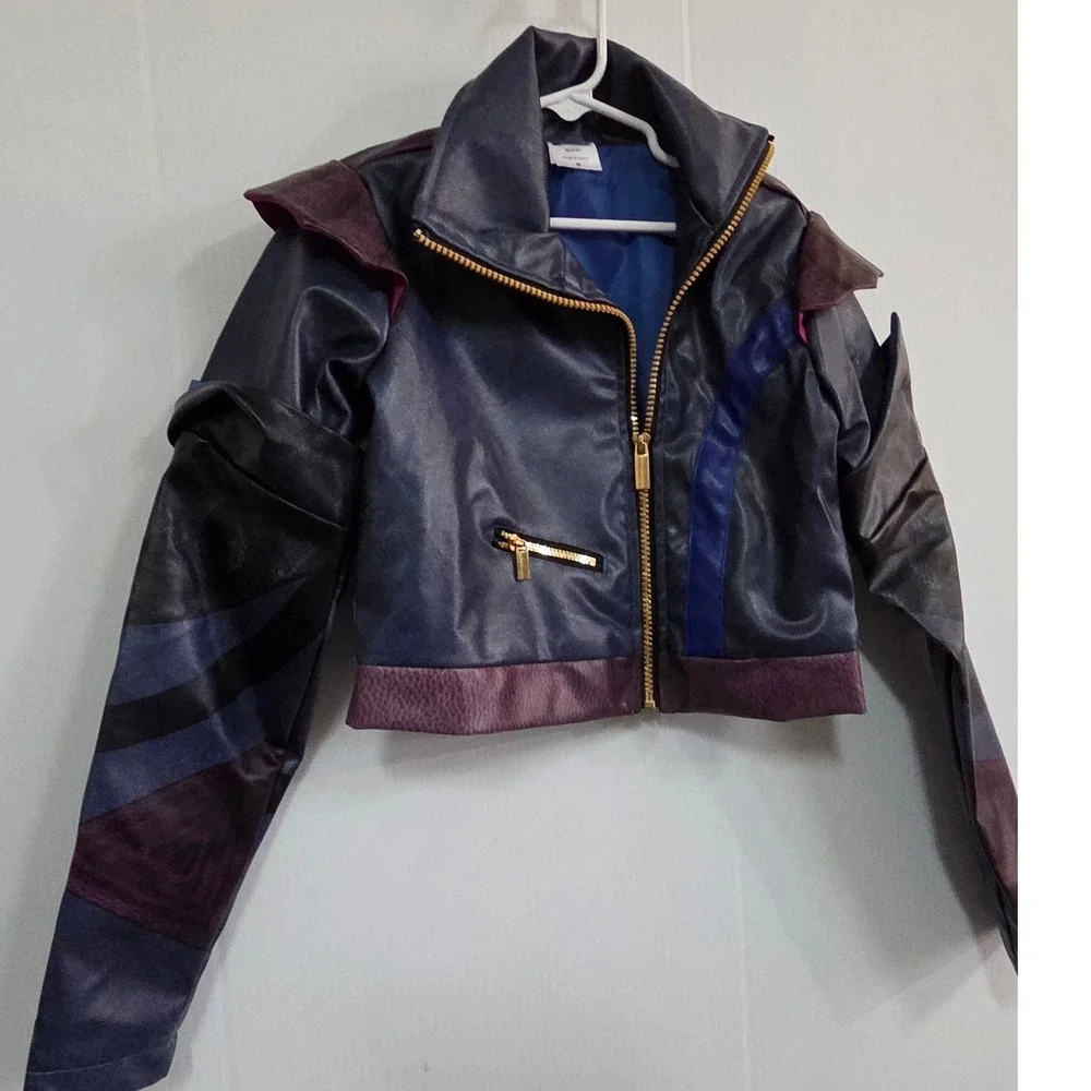 Disney Descendants 3 Mal Purple Faux Leather Moto Jacket Kids Medium Heart Back - Picture 7 of 7